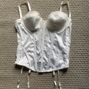 Adore Me White Satin Corset Bustier w/ rhinestone removable straps (inc garter)